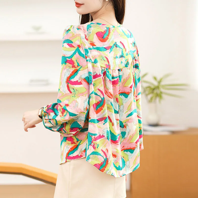 Women Clothing Fashion Hand-Painted Print Chiffon Shirt Spring Summer Casual Loose O-neck Lantern Sleeve Blouse Chic Button Tops