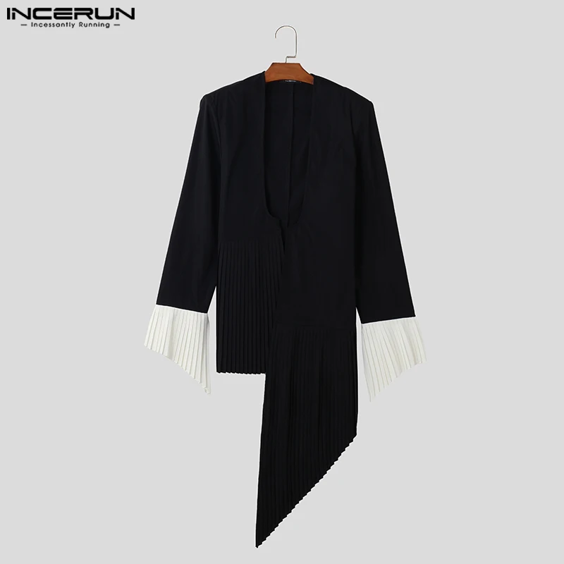 INCERUN Men Irregular Blazer Pleated Patchwork V Neck Long Sleeve Casual Suits Men Streetwear Open Stitch 2024 Thin Coats S-5XL