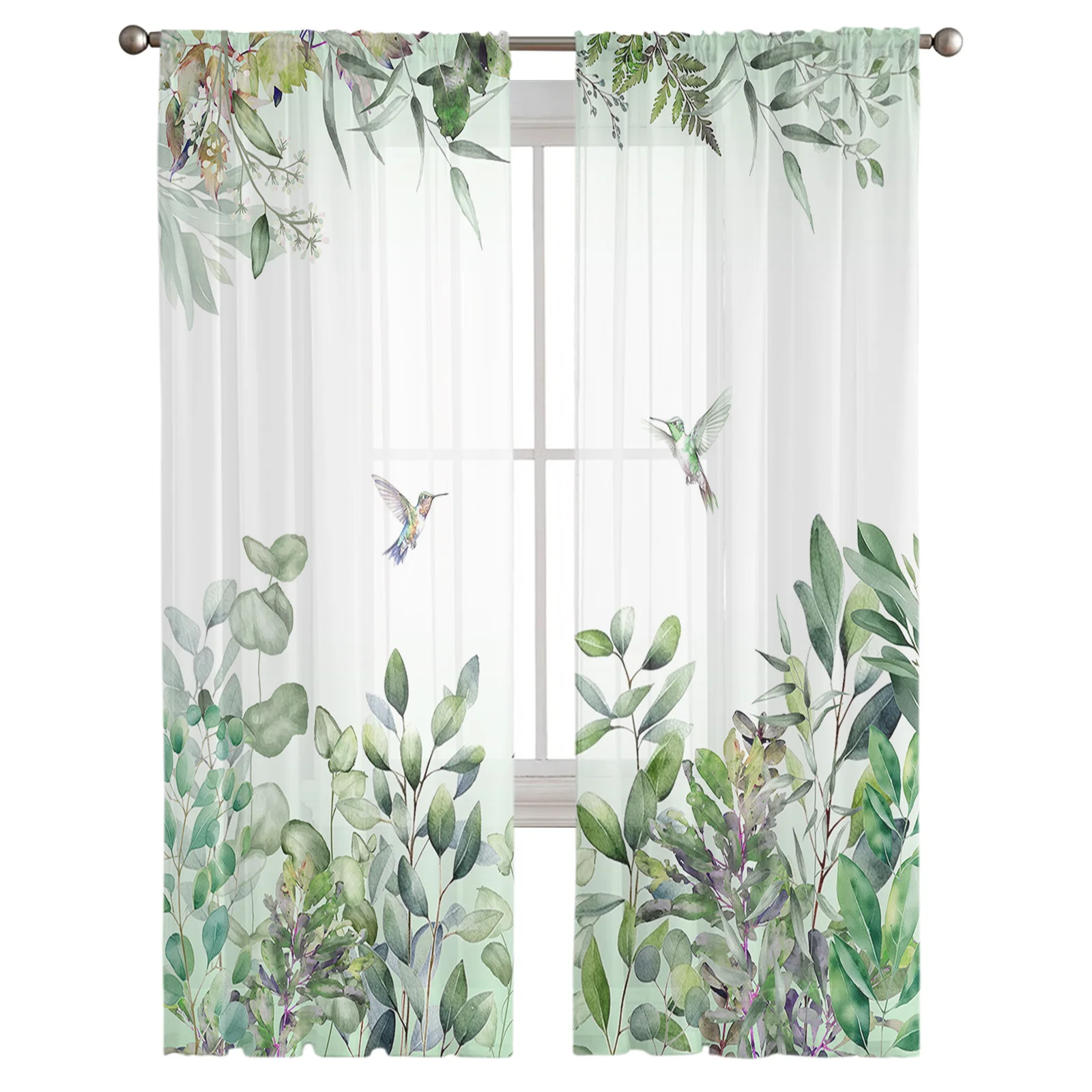 Watercolor Plant Leaves Hummingbird Green Tulle Sheer Curtains for Living Room Home Decor Window Curtains Bedroom Voile Drapes