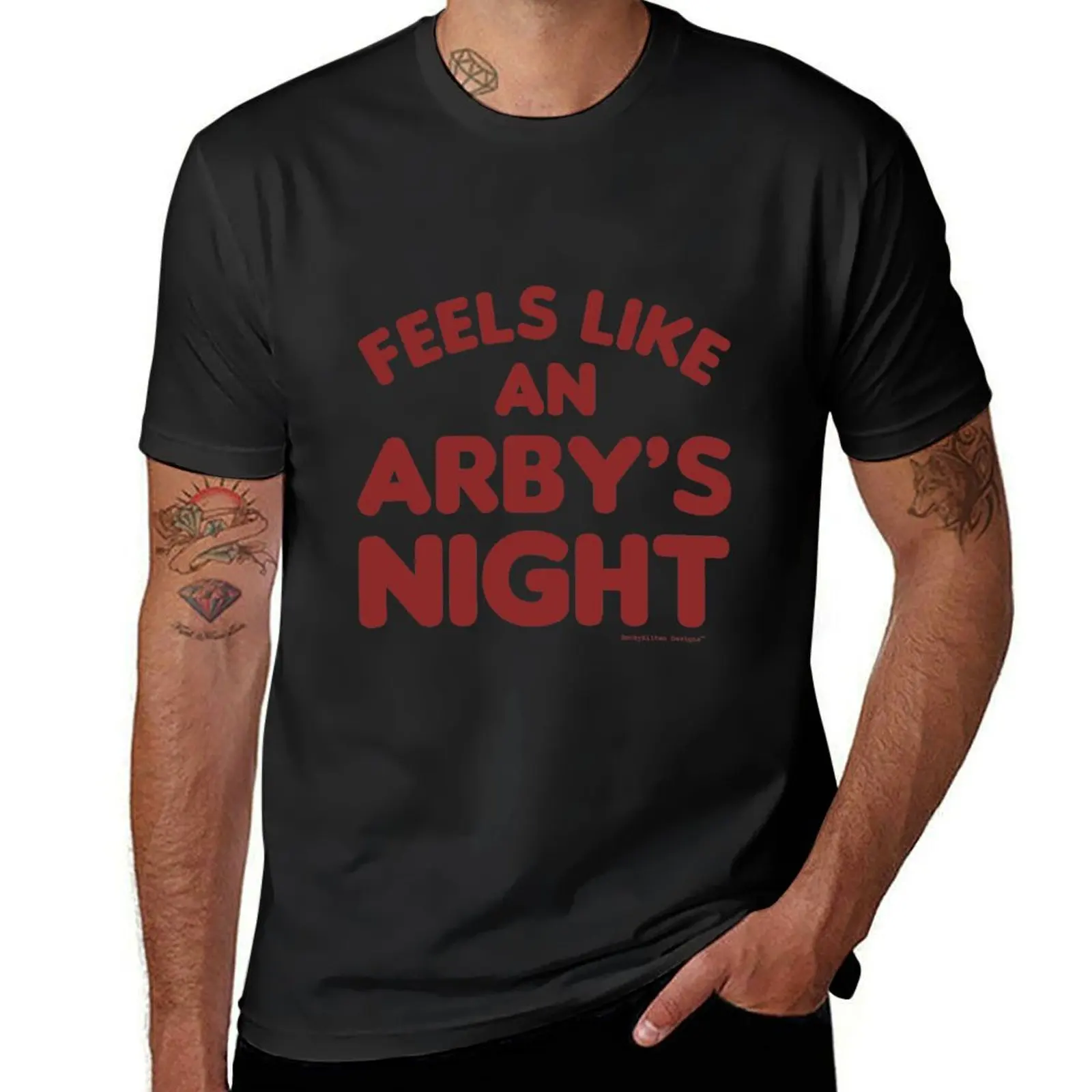 

Feels Like An Arby's Night - Funny TV Show Quote (Red Text) T-Shirt plus sizes customizeds oversized for a boy men clothings