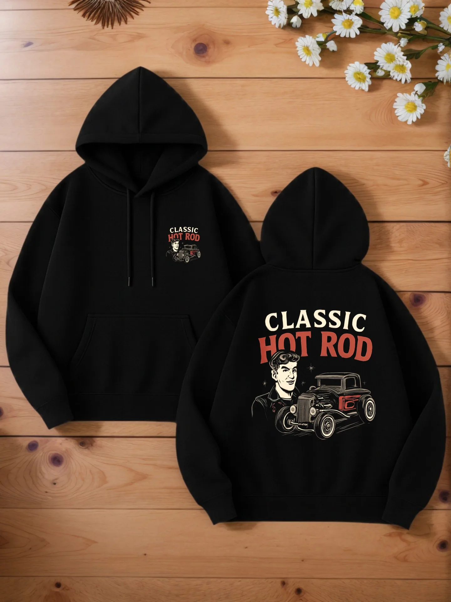 

Мужская толстовка с рисунком, красный оверсайз, пуловер с винтажным принтом «Classic Hot Rod», уличная толстовка в стиле ретро