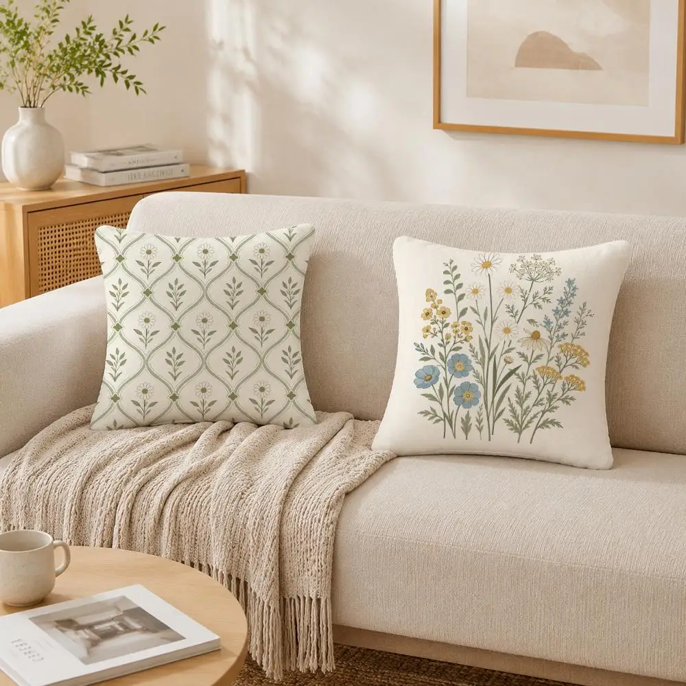 Colorful Wildflower Geometric Mix Pillow Case Double-Sided Plush Sofa Cushion Covers Organic Breathable Invisible Zipper