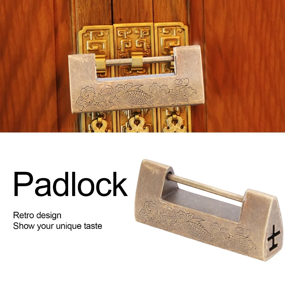 Exquisite Brass Antique Padlock Carved Key Included Chinese Old Style Padlock Furniture Lock Jewelry Boxes