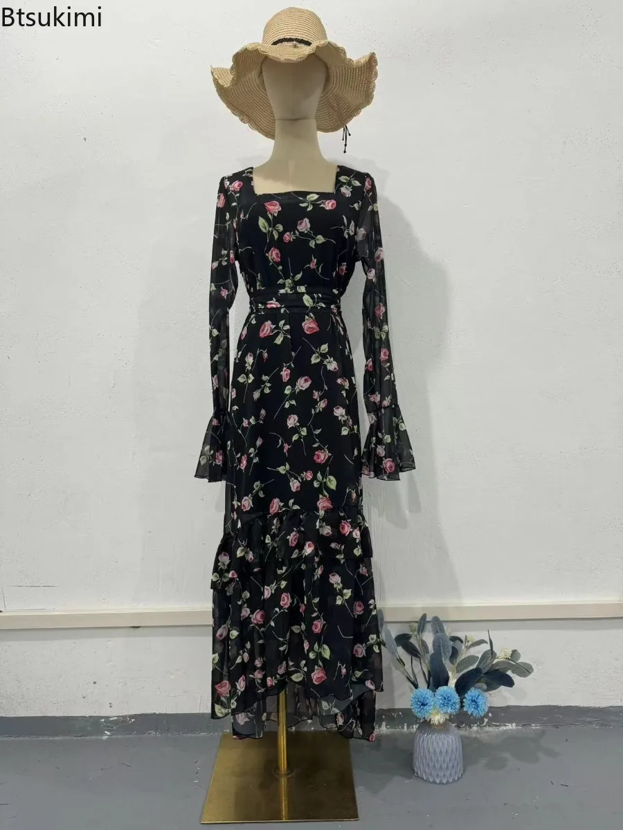 Novo vestido de chiffon feminino elegante fresco doce impresso vestido assimétrico em camadas design manga lótus cintura alta magro maxi vestido