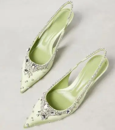 

Women Summer Green Black Blue Pink Satin Crystal Chain Back Strap Slingback Sandals 5 10 CM High Heels Pointy Toe Evening Pumps