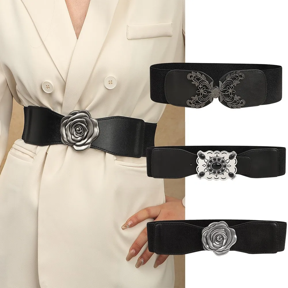 

Женский эластичный широкий пояс с жемчугом на талии, универсальное украшение для платья, высококачественный широкий пояс с жемчужным бантом, коричневый пояс с цветком