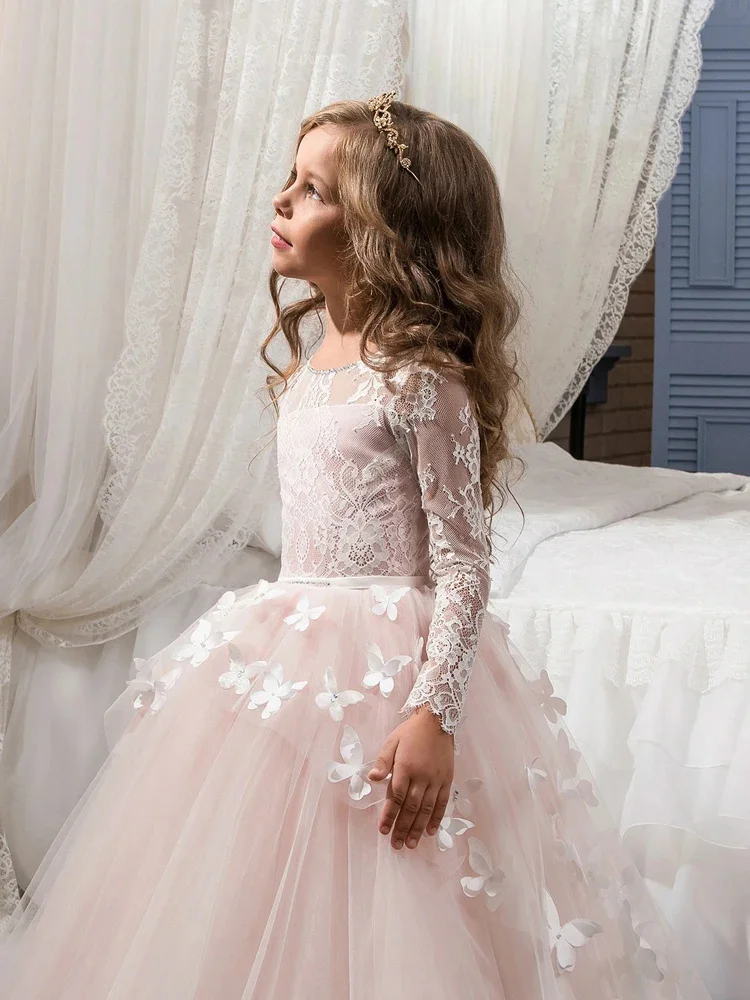 カスタムフラワーガールドレスフルレーススリーブバタフライアップリケチュールプリンセススカートページェントドレス初聖体拝領ガウン