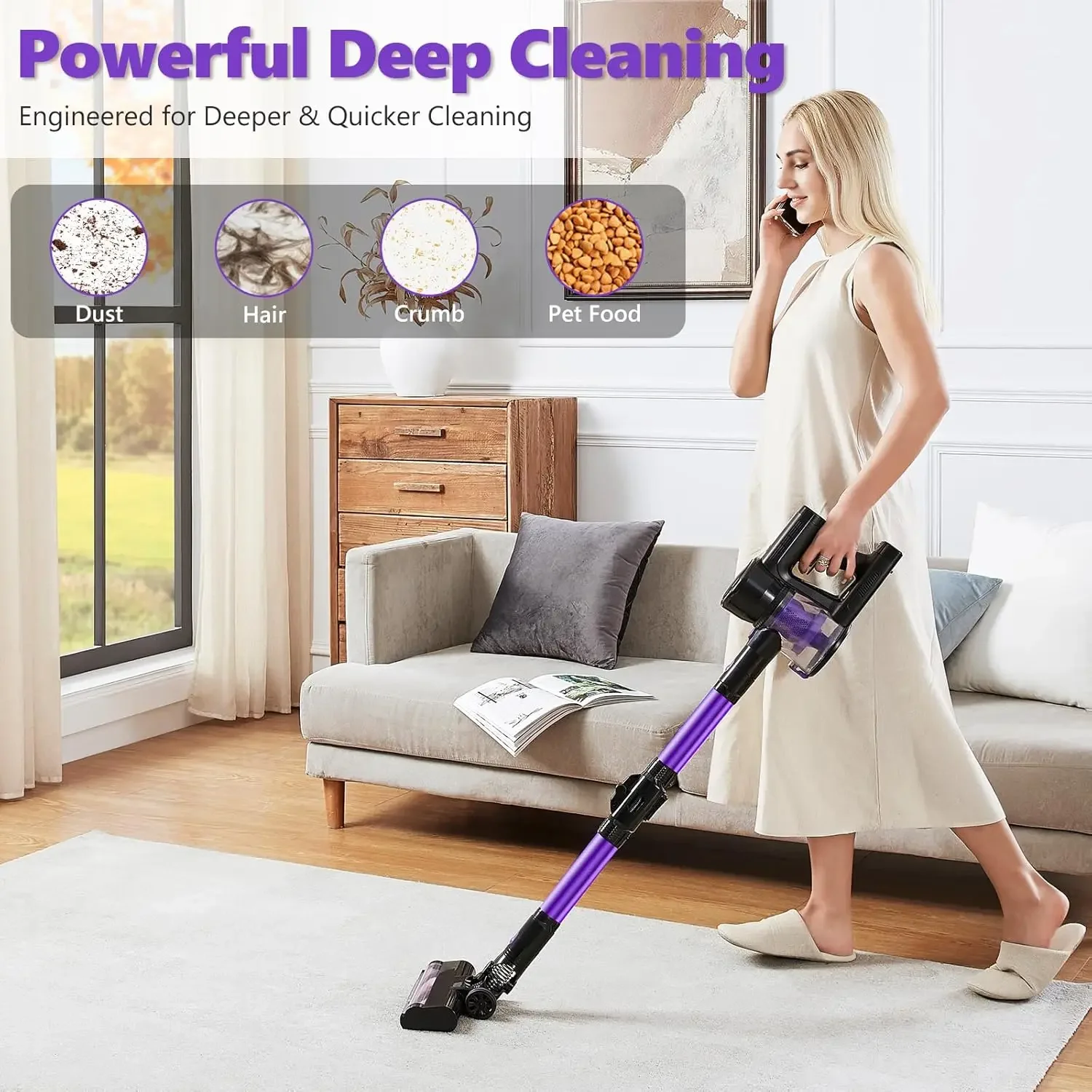 Cordless Vacuum Cleaner: Portable Stick Vacuum with Rechargeable Battery 6-in-1 Powerful Vacuum Cleaner for Home wit