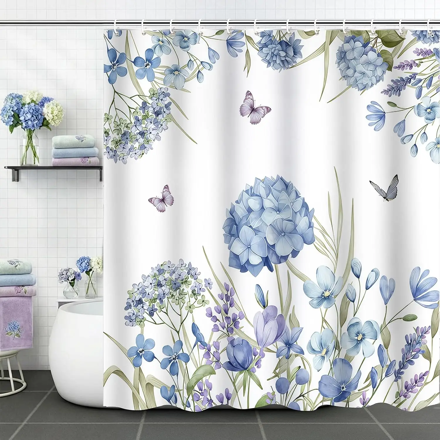 Watercolor Floral Shower Curtain Waterproof Blue Purple Spring Blooms Bathroom Decor Liner for Modern Stylish Home