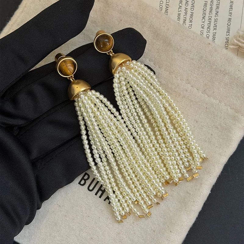 

Natural tiger's eye stone pearl long fringed earrings, niche personality super fairy temperament stud earrings for women