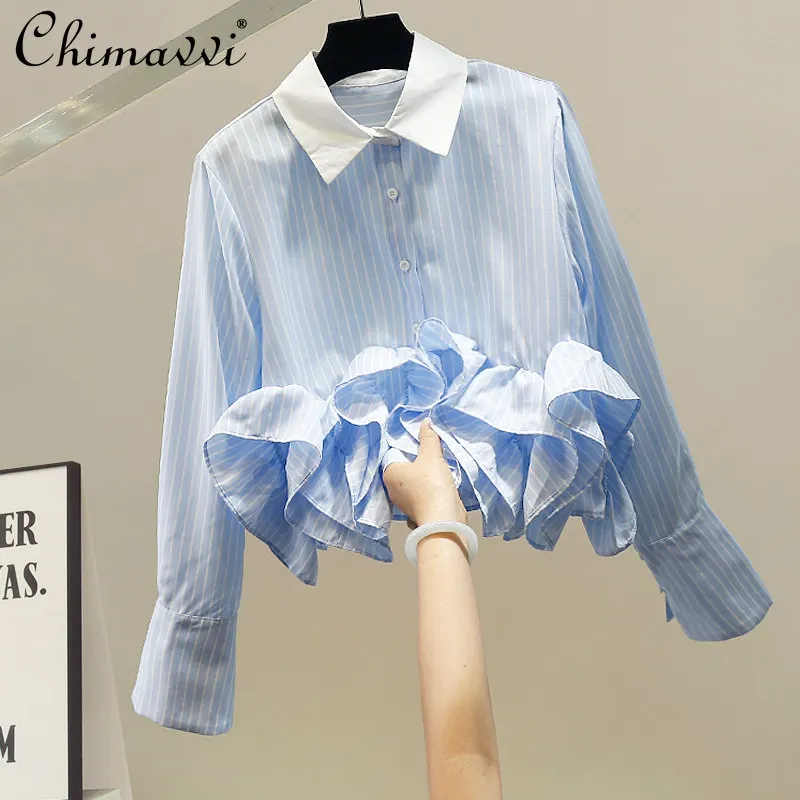 

Корейская модная полосатая блузка с цветными блоками и оборками, женская, весна-лето 2026, новая, приталенная, с коротким кружевным декором, топ