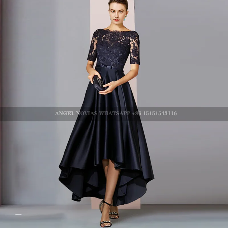 

High Low Navy Blue Satin Mother of the Bride Dresses with Sleeves Wedding Party Gowns vestidos de fiestas elegantes mujer