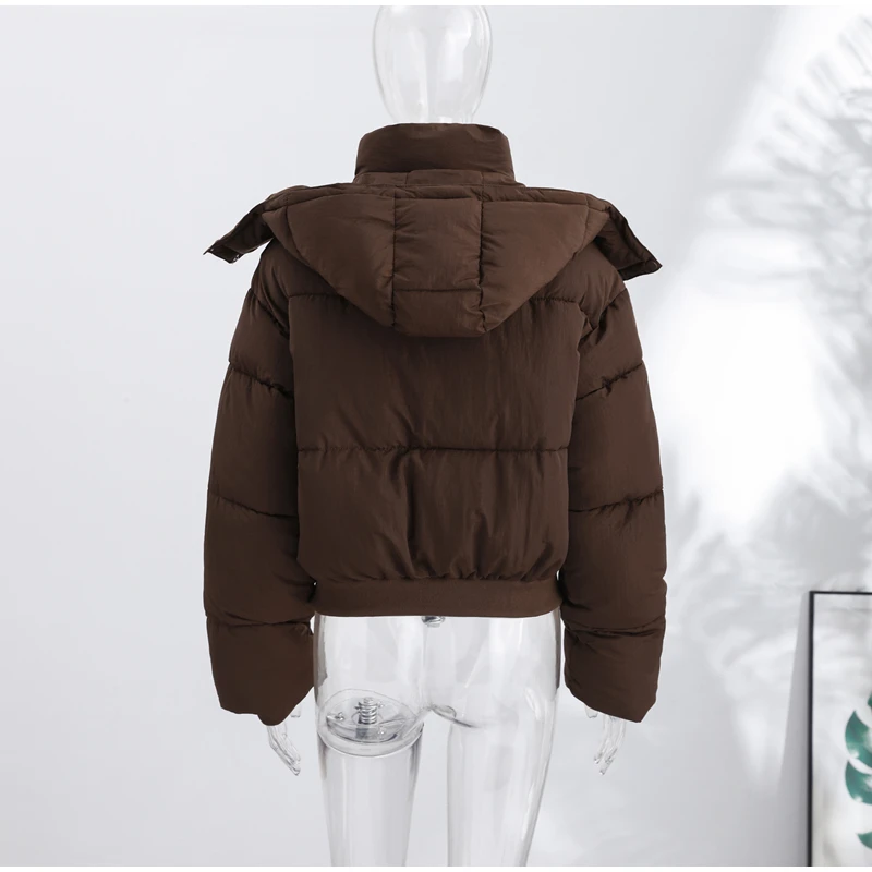Women's Cropped Puffy Jacket Detachable Hood Drawstring Waist Drop Shoulder Long Sleeve Loose Padded Winter Down Jackets