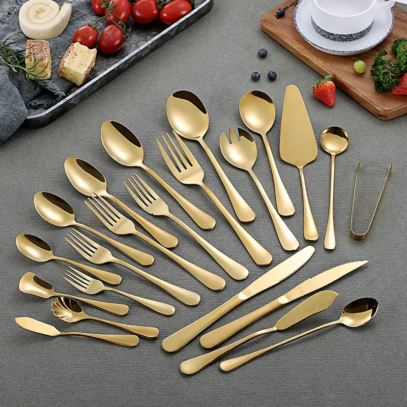 Titanium Plated Stainless Steel Tableware Set Soup Spoon Coffee Spoon Ice Steak Knife Fork Spoon Western Tableware LS-JD1010G