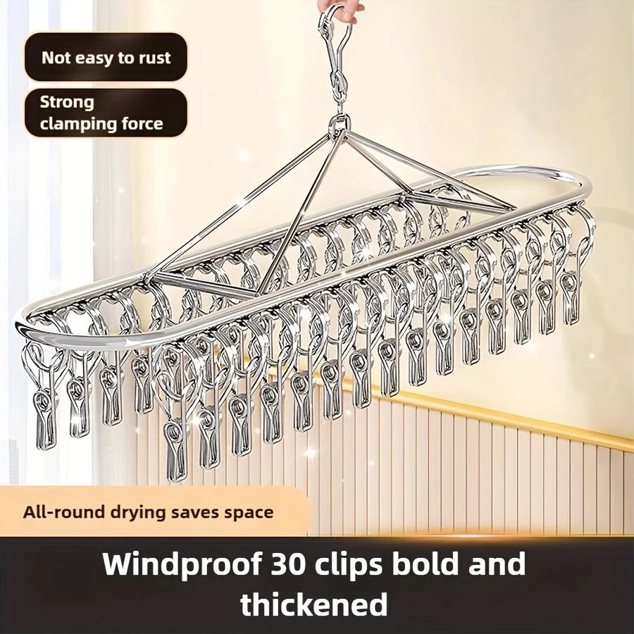 Colgador de calcetines de acero inoxidable a prueba de viento, 10/20/30 clips, estante Circular para secado de ropa para balcón, soporte para ropa con múltiples clips