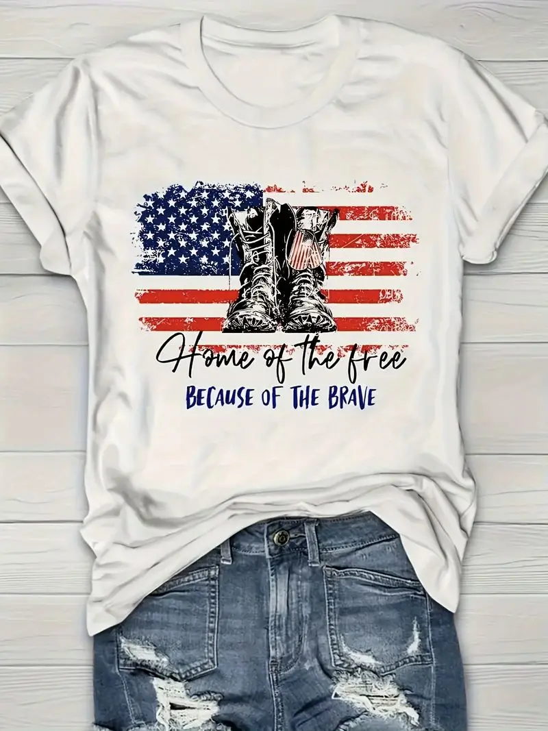 Vibrant American Flag Print V-Neck T-Shirt - Soft Dacron And Spandex Blend, Perfect For Summer - Womens Casual Short Sleeve Tee