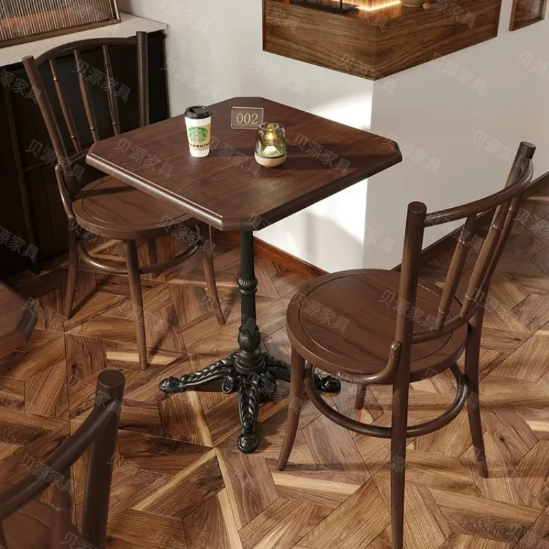 

American Coffee Table and Chairs Set, Solid Wood Table for Tea Shops, Western Dining Table Set, Vintage Commercial Furniture