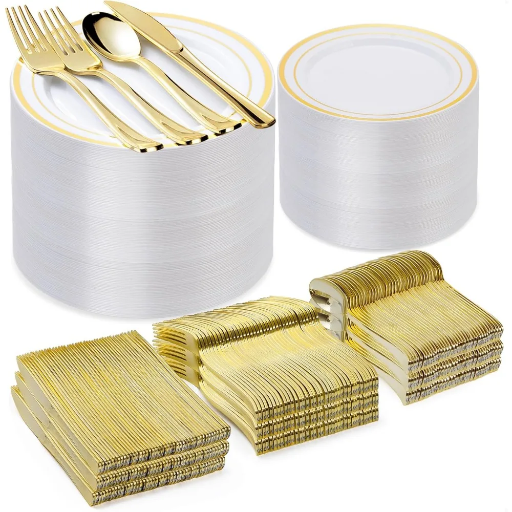 

600PCS Gold Plastic Plate Set (100 Guests), for Party Wedding Birthday, Disposable Dinnerware Set of 200