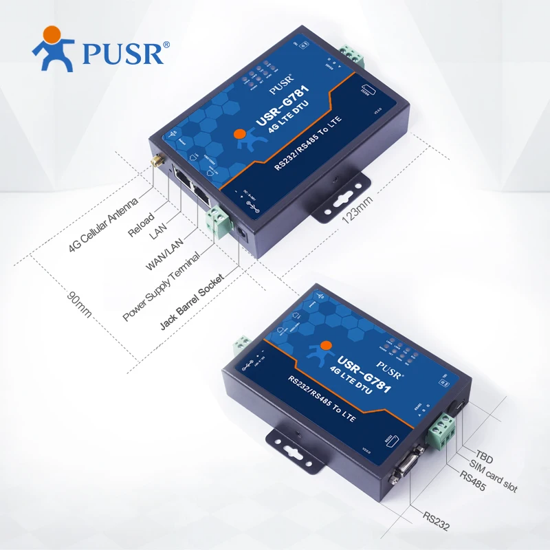 USR-G781-AU M2M أجهزة توجيه مودم الخلوية الصناعية RS232 RS485 2G/3G/4G شبكة في جميع أنحاء العالم APN/VPDN بطاقة SIM تدعم OPENVPN