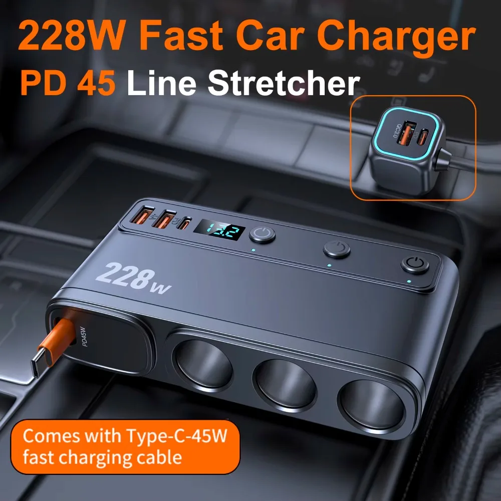 228W 9 in 1 Car Fast Charger Adapter Charge Independent Switches DC Cigarette Outlet PD 3 Socket Cigarette Lighter Splitter