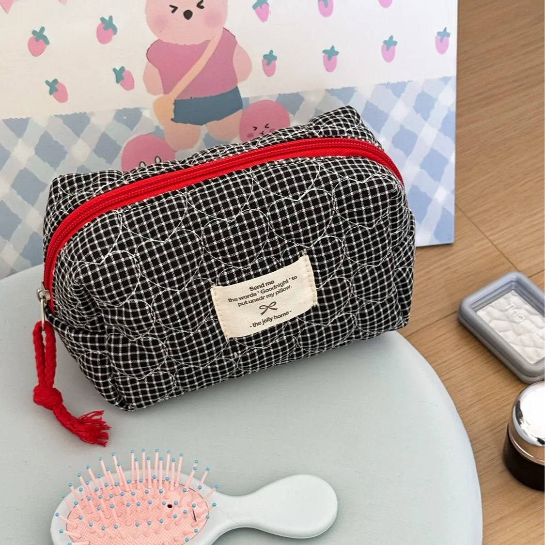 Classic Niche Outdoor Toiletry Bag, Korean Heart Plaid Design Large Capacity Portable Cosmetic Storage Pouch