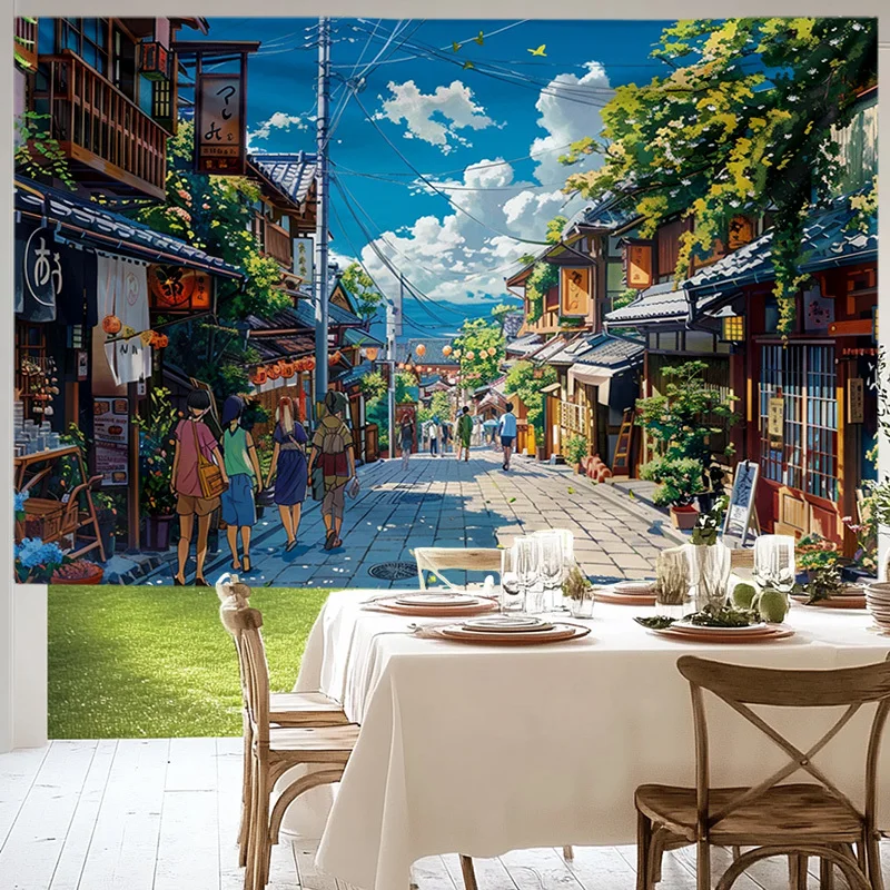 1pc Anime Japanese Street Ghibli Style Tapestry Retro Town Wall Art Living Room Decor Nostalgic Summer Vibe Background Print
