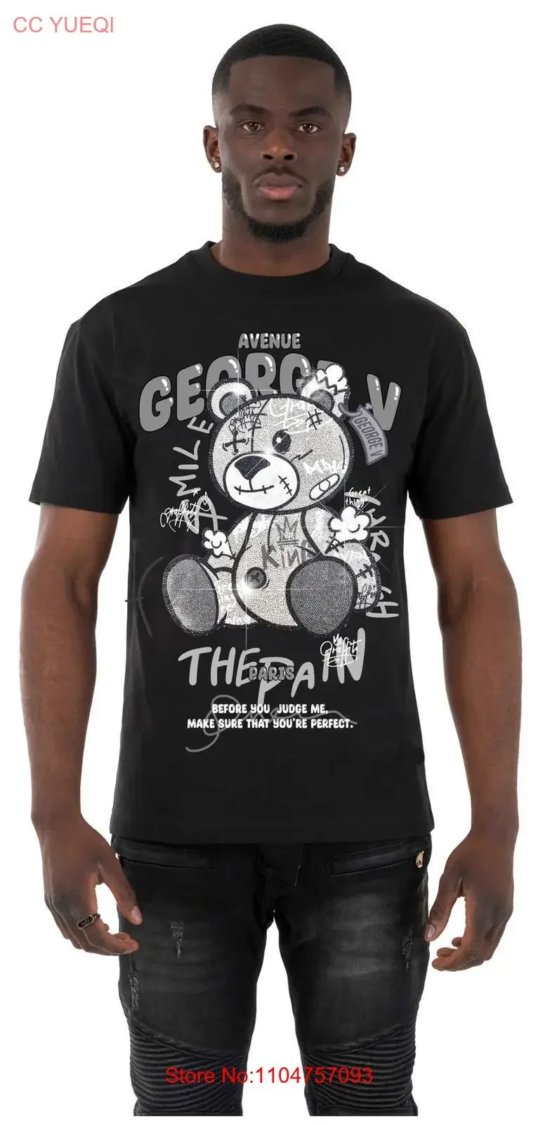 CAMISETA GEORGE V NEGRO PLATA GRIS CON RHINESTONES ALTA CALIDAD DE PARIS vintage Lavado Versátil moda gráfica Unisex