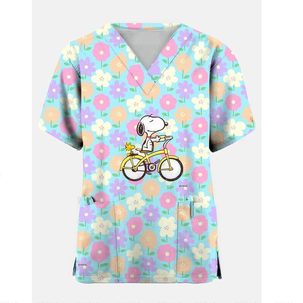 Medical Blouse Clinic Hospital Workwear Healthcare Nurse Snoopy Uniform Carer Working Short Sleeve Tops Women T-shirt Nursing ﻿