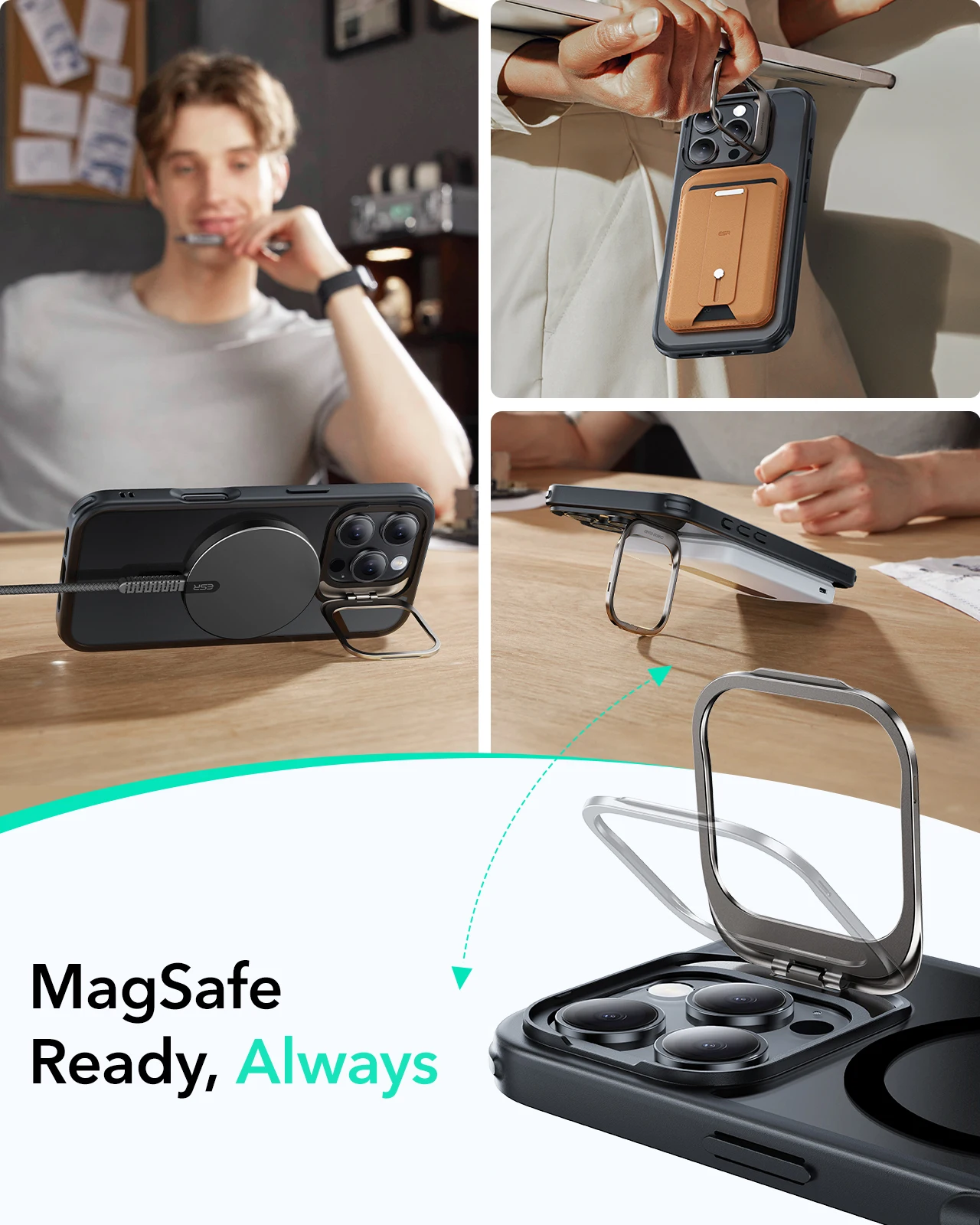 ESR dla iPhone 15 Pro Max Etui MagSafe ze stojakiem Wojskowe etui na telefon dla iPhone 16/15/14/13 Pro Odporny na zarysowania tył C — zdjęcie produktu 4