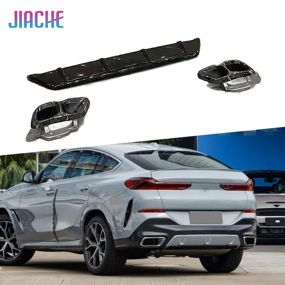 For BMW X6 G06 LCI Sport 2023+ ABS Carbon Look Rear Lip Spoiler Diffuser With Exhaust Tips Rear Bumper Extension Car Bodykits