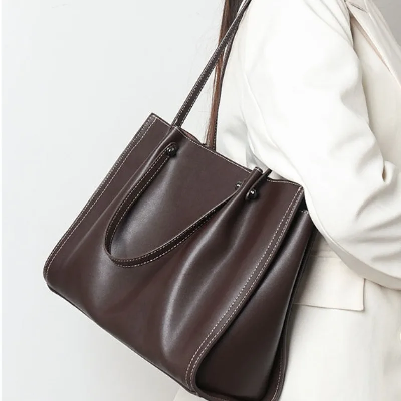 New Vintage Gebuine Leather Elegant Tote Bags Women Simple Large Capacity Commuter Handbags Female 2024 Luxury Bolsas