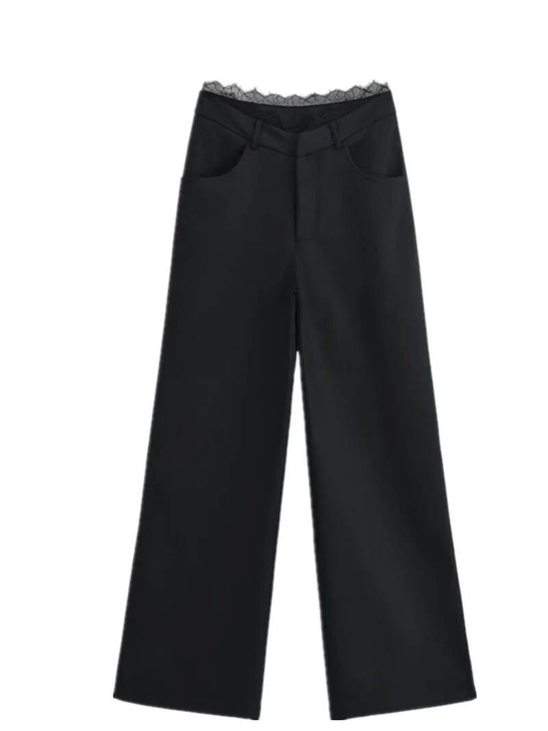

Ele High Waist Wide Leg Suit Pants with Lace Design Casual Drapey V-aped Waist Splicing Slimming Long Trousers