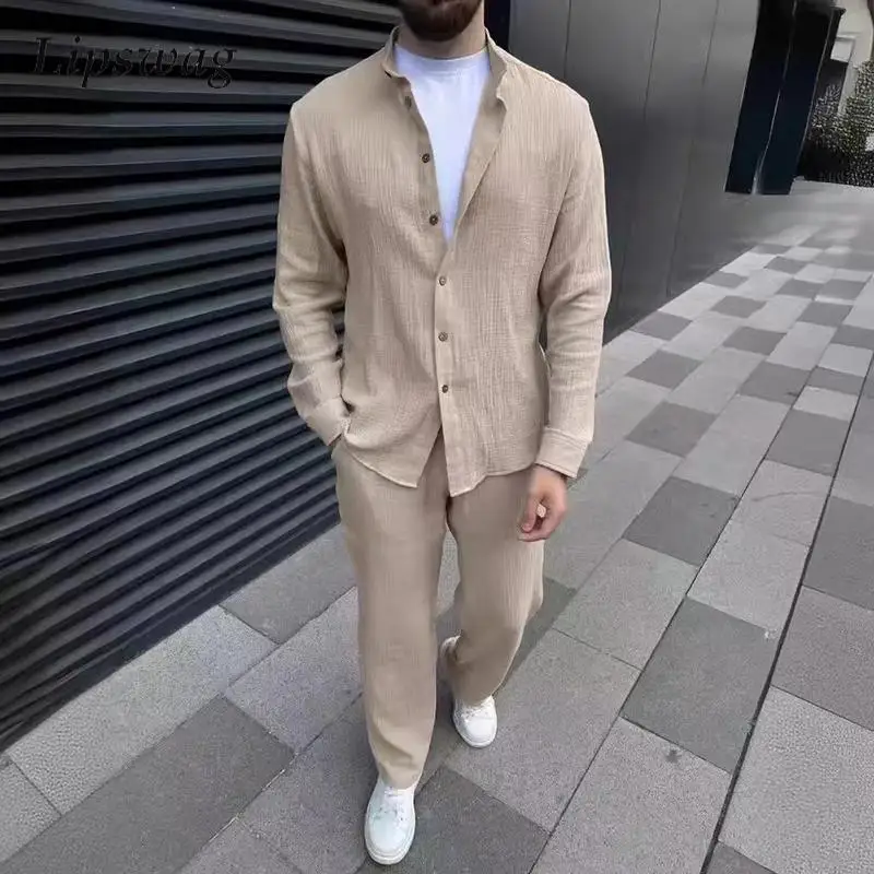 Streetwear Fashion Solid Color Cotton Outfits Men Fall Daily Casual Long Sleeve Tops And Pants Two Piece Suits Vintage Mens Sets