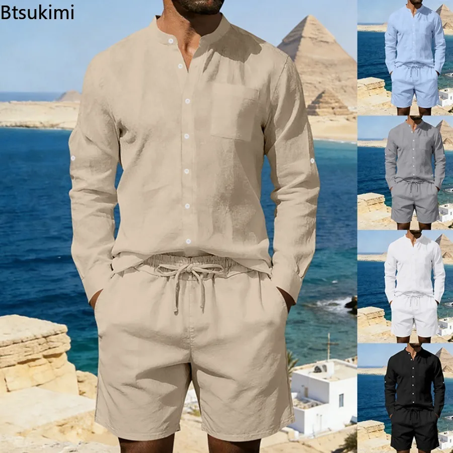 

New Men's Summer Cotton Linen Sets Long Sleeve Stand Collar Shirt and Drawstring Shorts Casual Beach Outfit Breathable 2PCS Sets