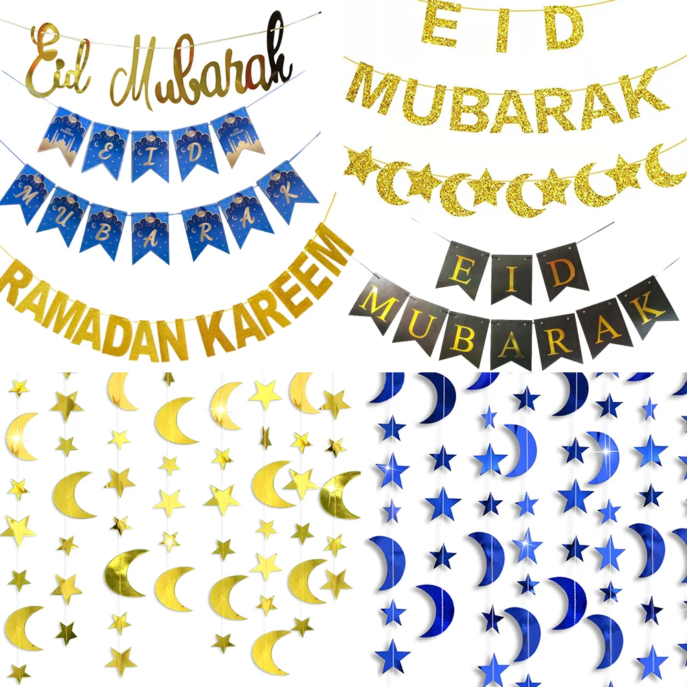 Ramadan-Papierbanner, Dekor, Eid Mubarak, hängende Dekoration, Glitzer, Gold, Blau, Mond, Stern, Papierschnur, Girlande, Ramadan-Dekor 2024