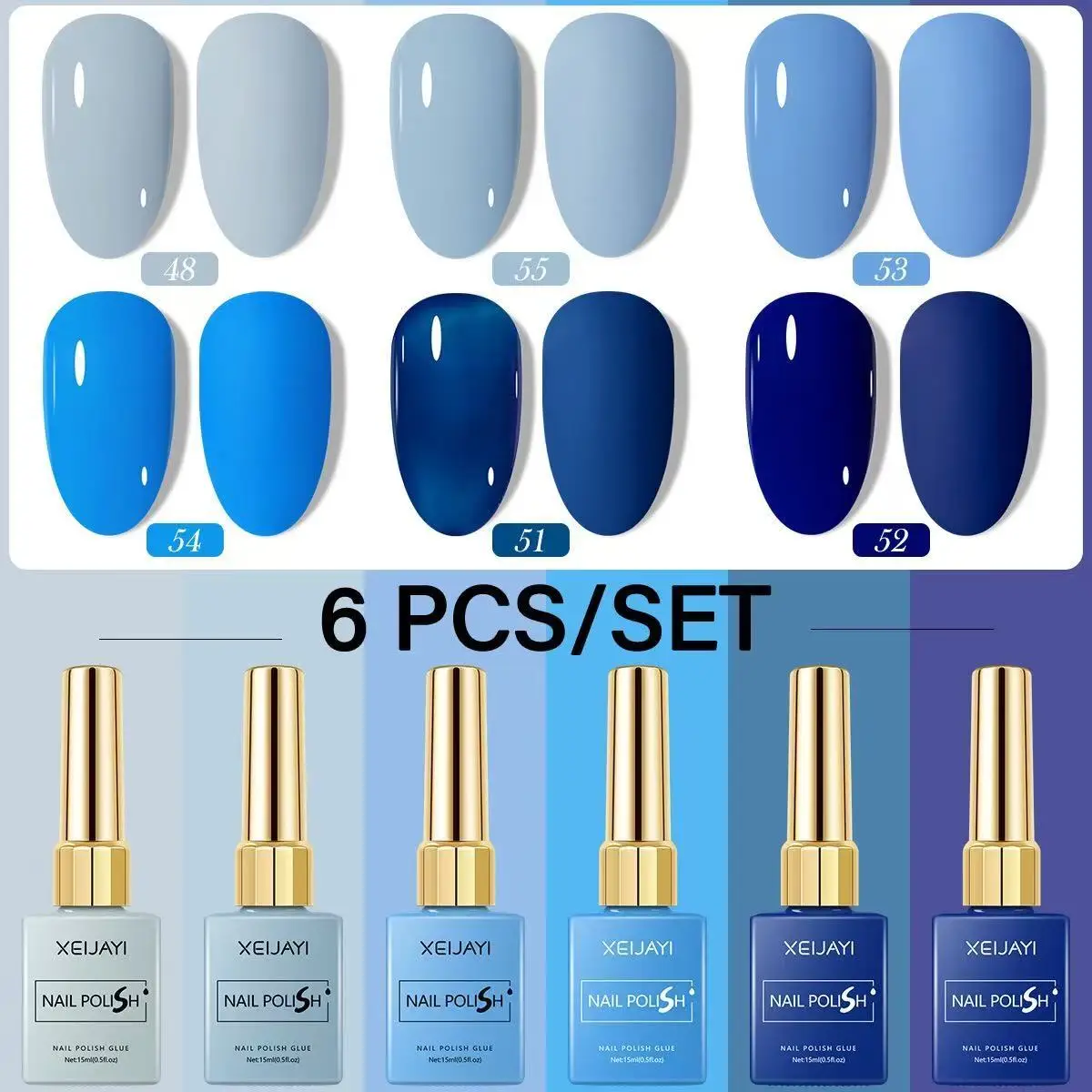 XEIJAYI 15ml 젤 매니큐어 6 색 블루 누드 네일 아트 광택 젤 래커 탑 코트 DIY 디자인 모든 장식 담그기