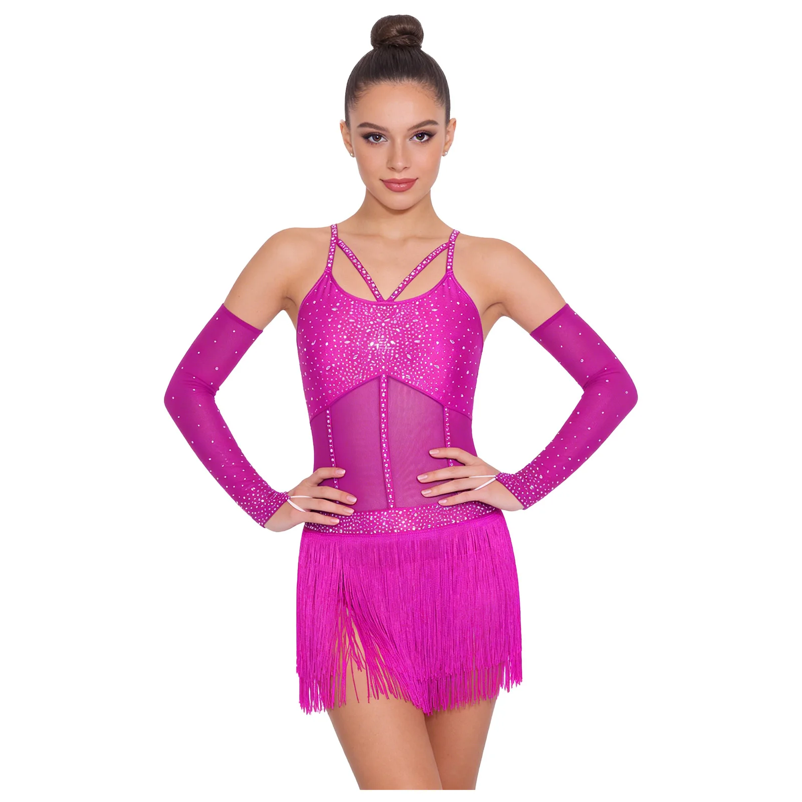 

Womens Latin Dance Bodysuit with Mesh Sleeves Rhinestones Strappy Backless Tiered Tassel Leotard Jumpsuit Tango Samba Dancwear