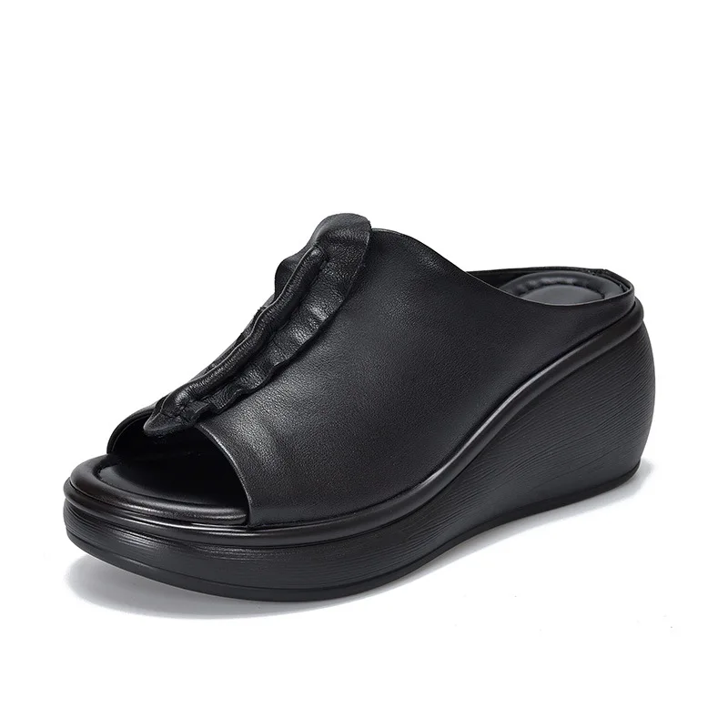 

Тапочки из натуральной кожи премиум-класса в стиле ретро, новинка 2023 года, летние уличные тапочки на танкетке, элегантные женские сандалии