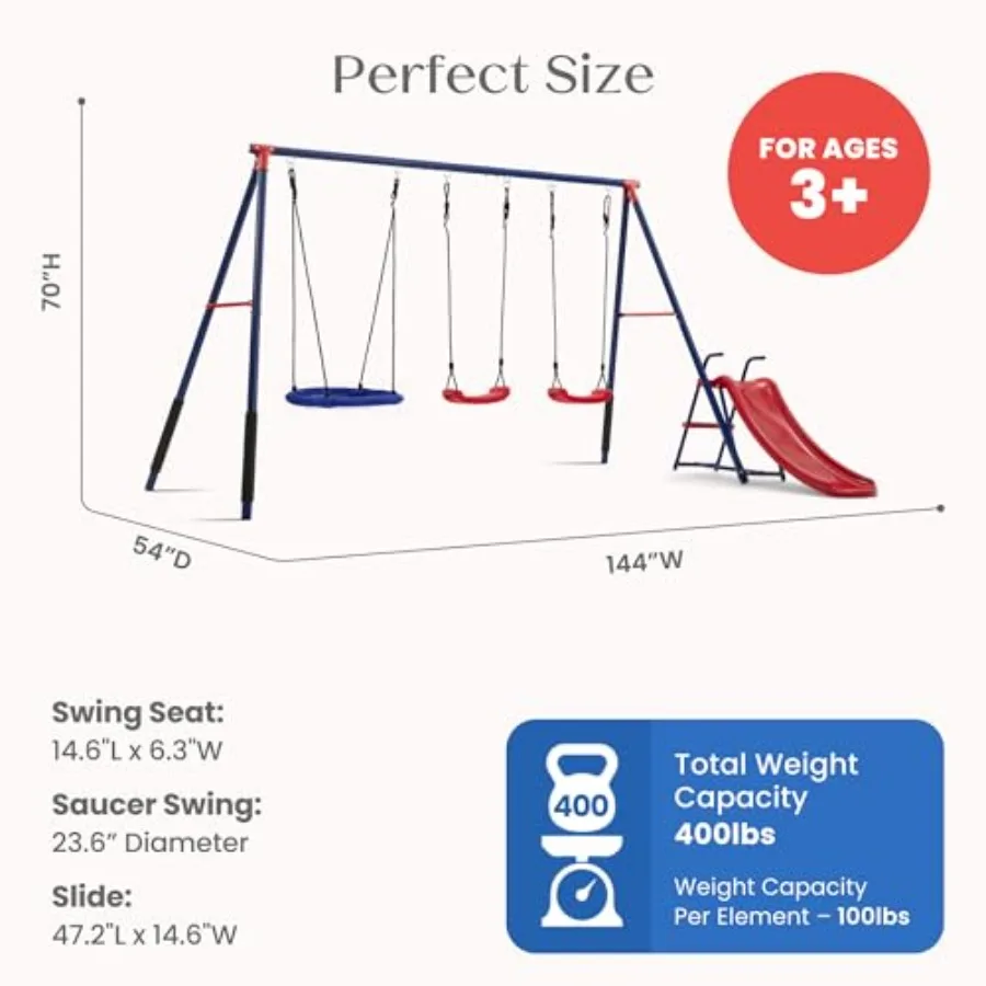 Ensemble de balançoires d'extérieur en métal 4 pièces – comprend 2 balançoires, 1 balançoire à disque/balançoire et toboggan, bleu/rouge