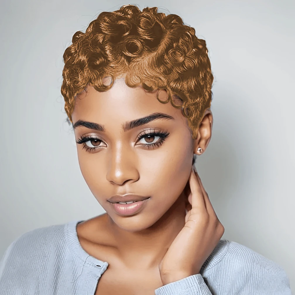 

Элегантный парик с волнистыми локонами и прозрачной кружевной передней частью 13x4, стрижка пикси, из натуральных волос, для женщин, плотность 150%, 6 дюймов