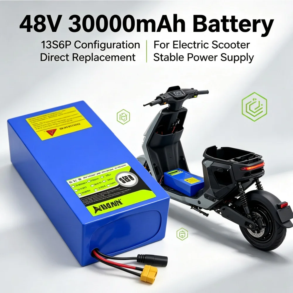 48V Electric Scooter Battery 13S6P 30Ah 18650 Grade-A Cells 2000W Built-in BMS XT60 JST High Capacity Long Range Safe & Durable