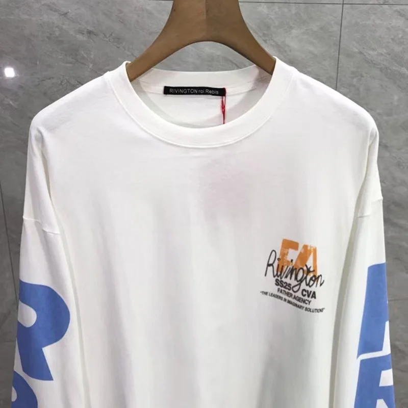 25SS خمر الأبيض RRR123 قاعدة تي شيرت الرجال النساء شارع العليا المتضخم الرسومات طباعة RRR 123 طويلة الأكمام تي شيرت بلايز العلامات