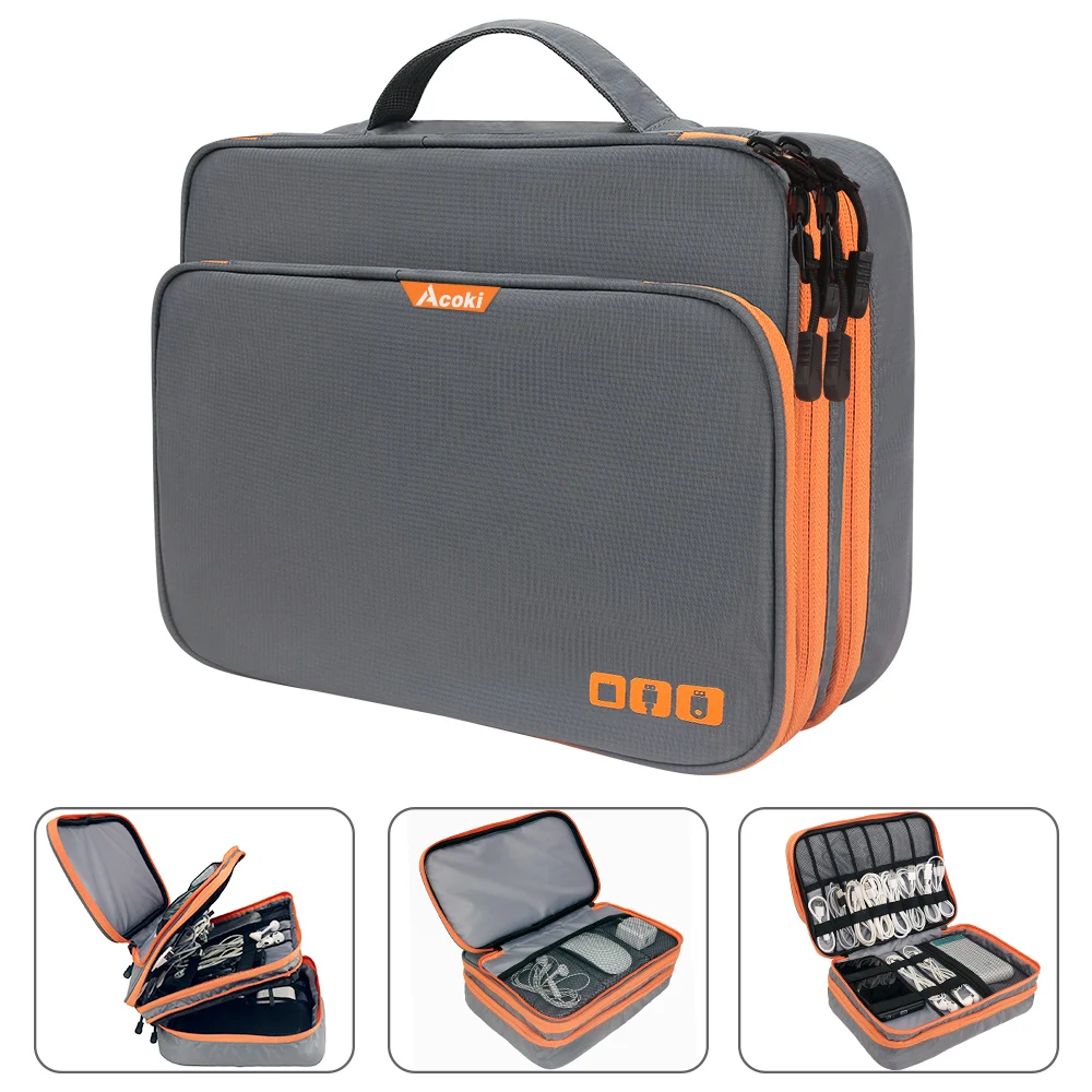 Organizador de accesorios electrónicos de tres capas, bolso de almacenamiento con bolsillo frontal, organizador de cables de viaje de gran capacidad