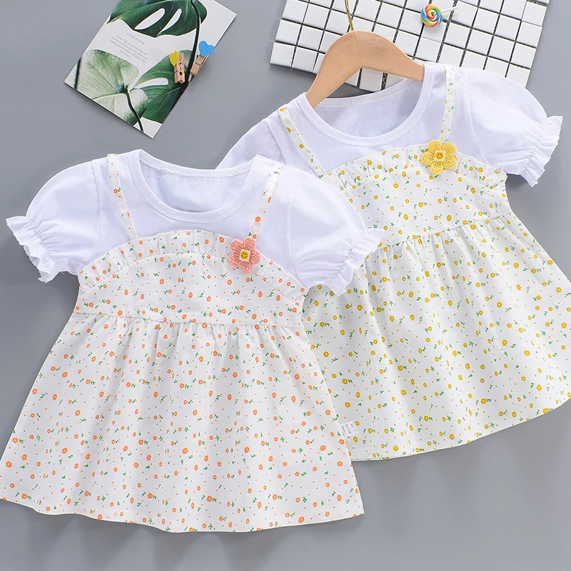 Girls' Dress Summer Floral Fake-Two-Piece Short-Sleeve Dress