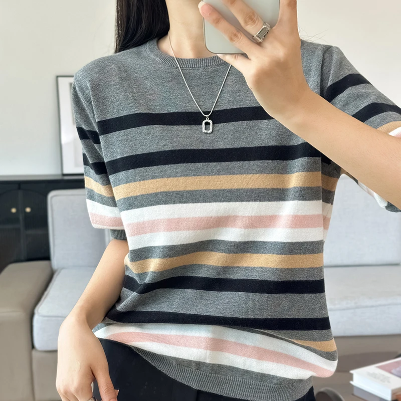 100% Reine Baumwolle Damen Kurzarm-Sommer-Oberteil Neues Buntes Gestreiftes Strick-Top Dünnes Farbblockiertes Fünf-Ärmel-T-Shirt Damen-Oberteil
