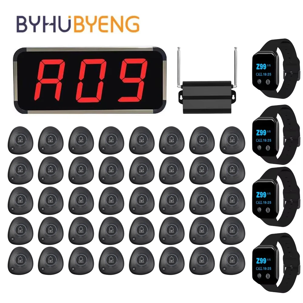 BYHUBYENG Restaurant Wireless Pager Calling System Waiter Call Button + Watch Receiver + Signal Amplifier + Display