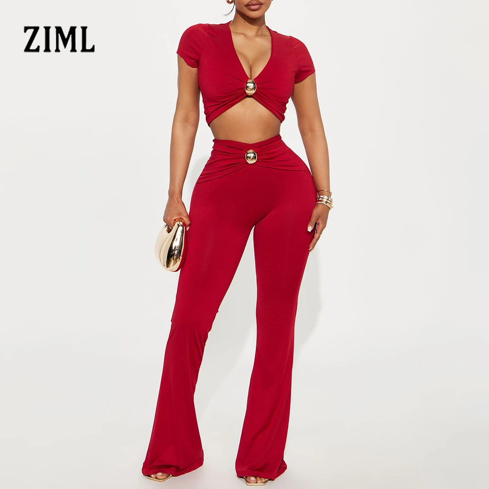 

ZIML однотонные металлические комплекты из двух предметов для женщин, короткие топы с v-образным вырезом и короткими рукавами, длинные брюки с высокой талией, шикарный комплект, женская мода