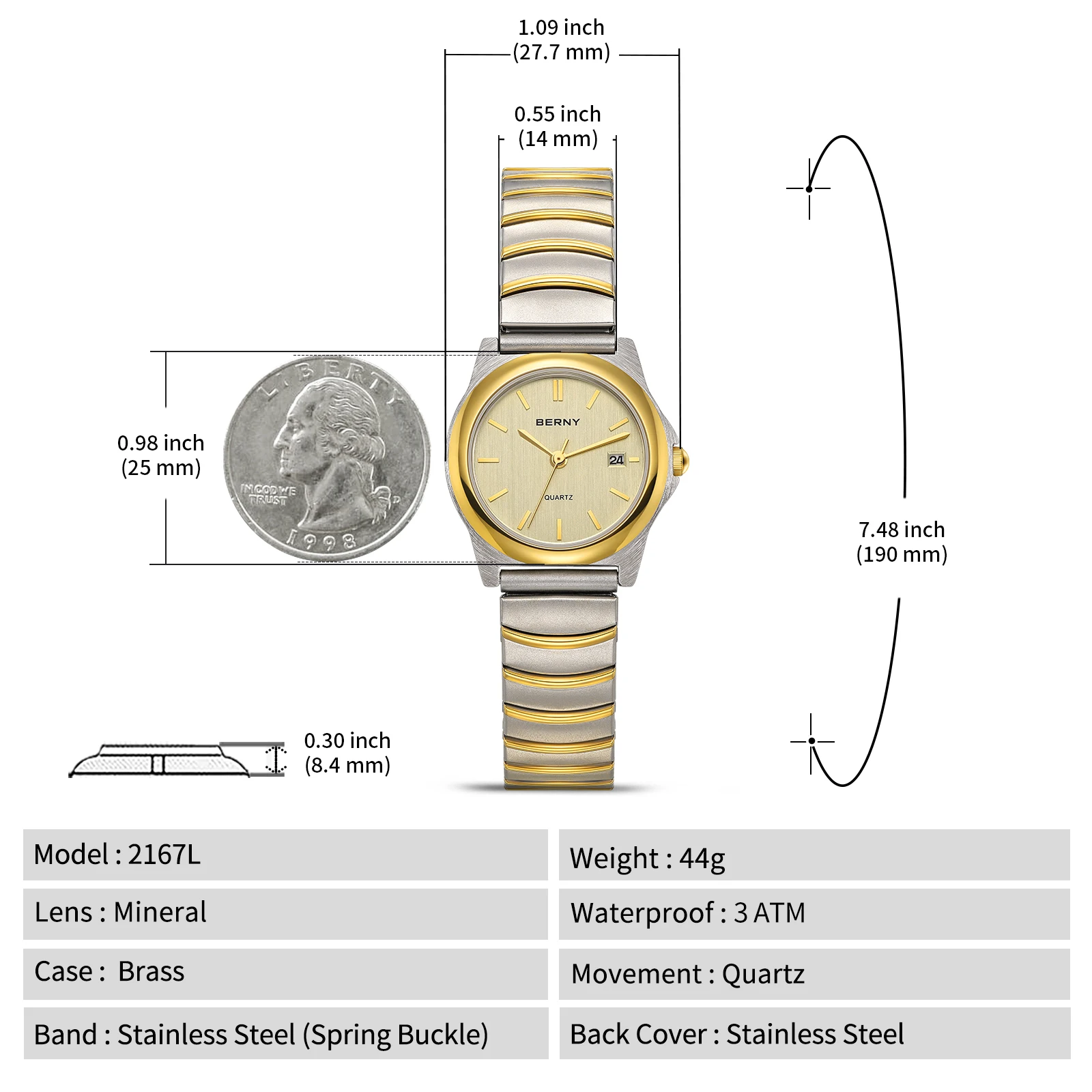 BERNY Gouden Dameshorloge Mode Uitbreidingsband Horloge 3ATM Messing Quartz Gezellig Roestvrij Stalen Katapult Band Dameshorloge