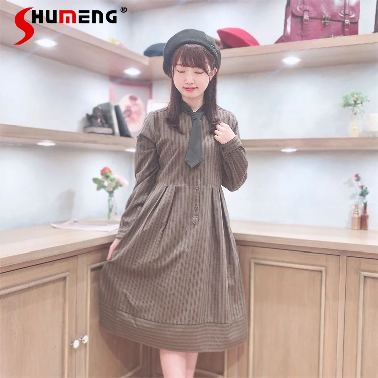 Preppy Style Sweet Tie Brushed Striped Shirt Dress Women Retro British Style Cute Stripes Long Sleeve Midi Dresses Robe Femme