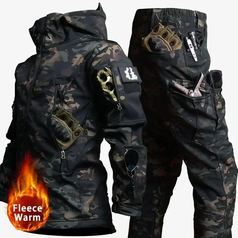 Camo Winter Tactical Sets Men Shark Skin Soft Shell Hooded Jacket+Multi-pocket Straight Cargo Pant 2Pcs Suits Waterproof Set